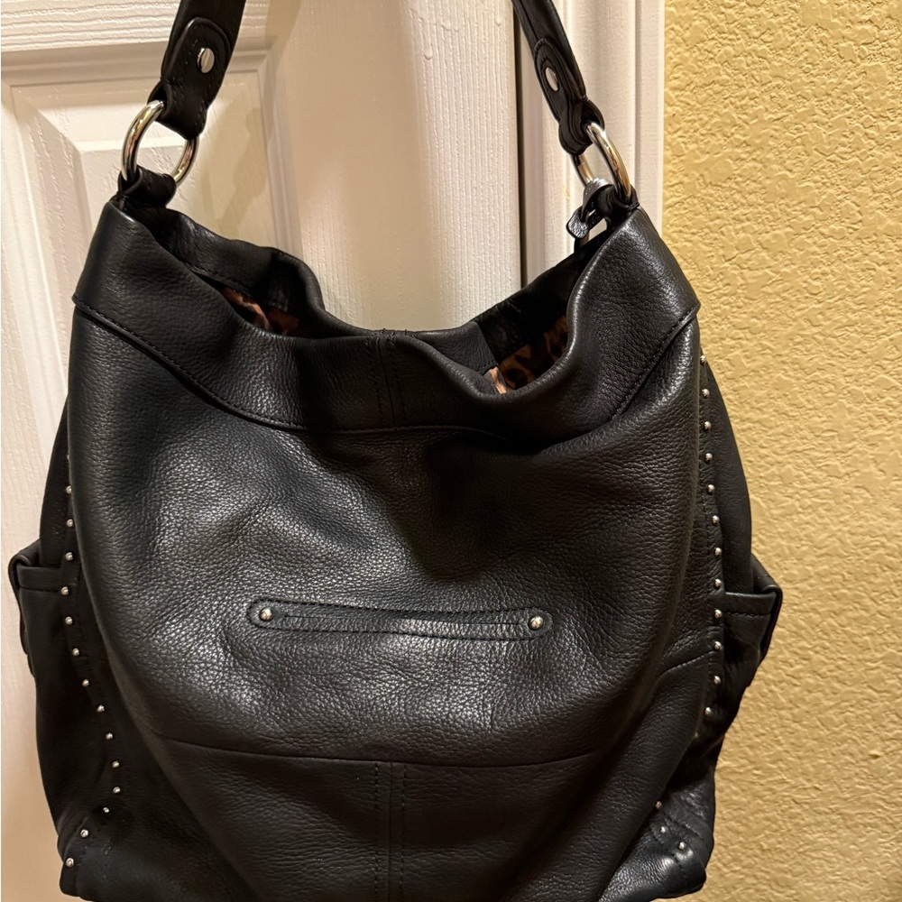 B Makowsky Black Studded Leather Hobo Bag - Picture 2 of 4